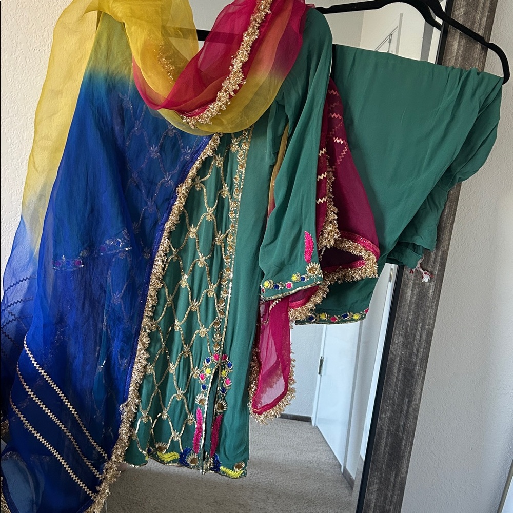 Vibrant Green Dress with Colorful Dupatta Indian suit Punjabi suit party outfit